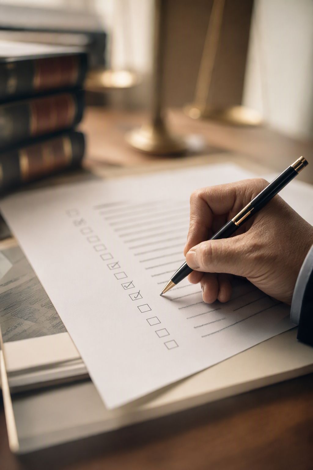 A photograph of a reviewer working down a document checklist with a pen.