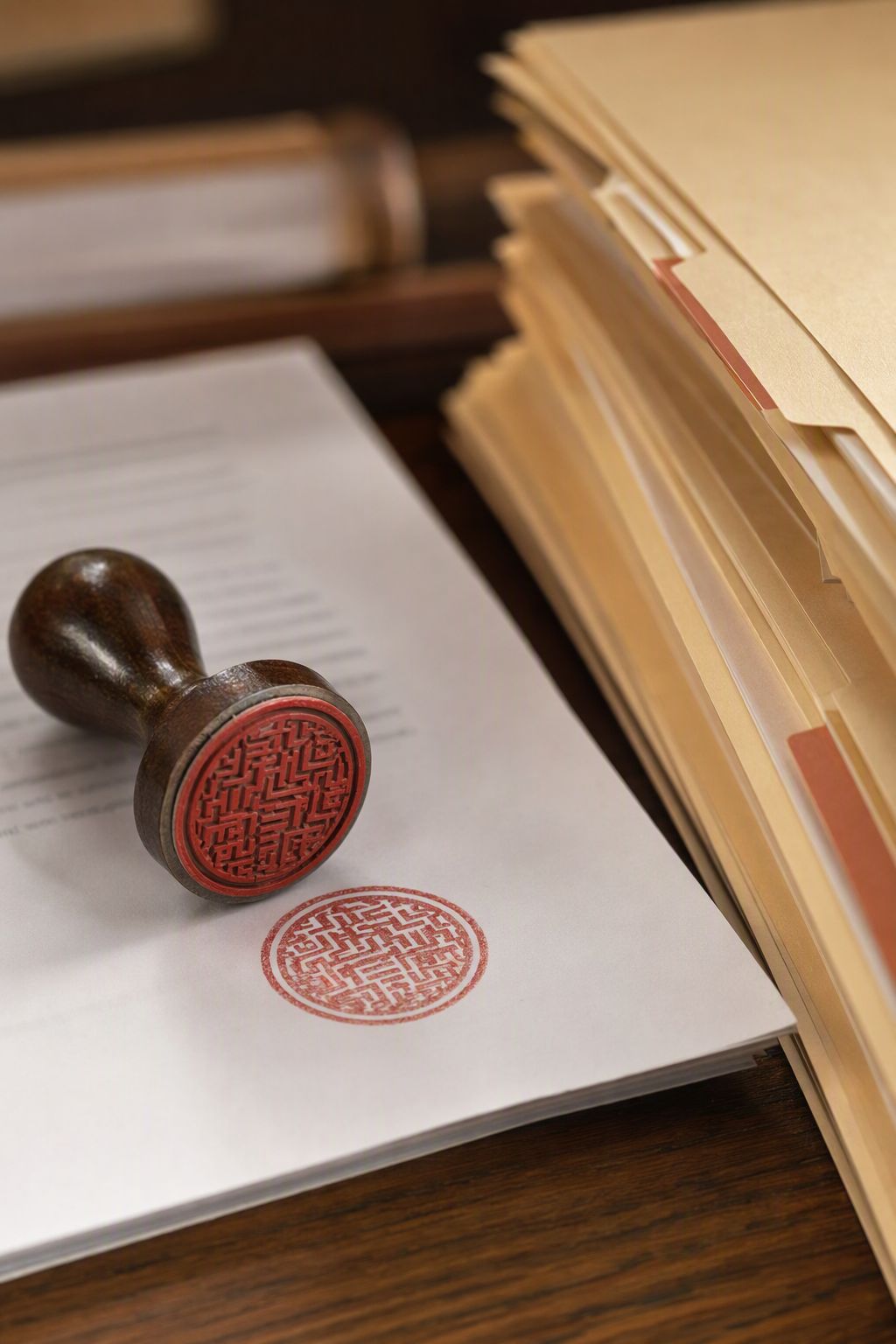 A photograph of a red confidentiality stamp pressed onto a stack of paper documents.
