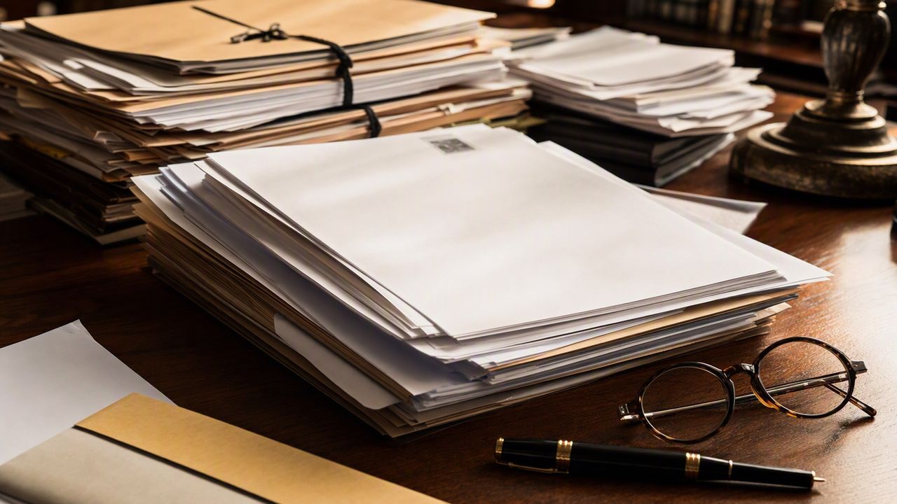 A production stack of case files, a page stamped with a Bates number on top.
